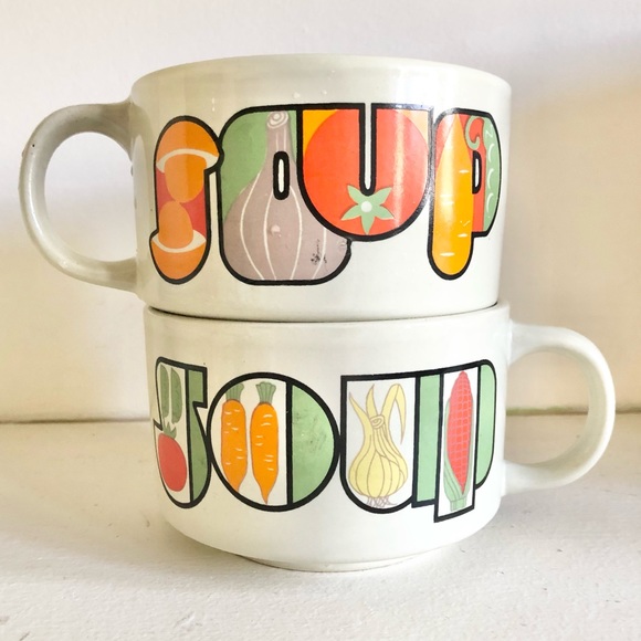 2 Vtg 70s Soup Mugs/Bowls Vegetable Motif Handles - Picture 2 of 6